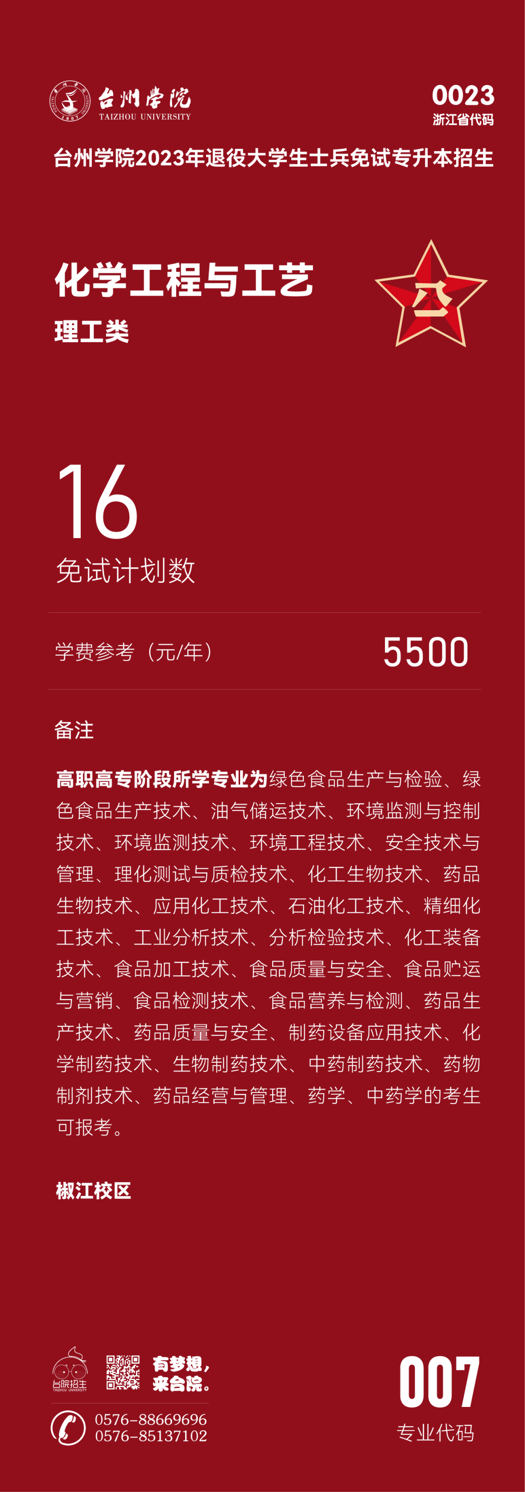 臺州學院退役大學生士兵免試專升本招生專業