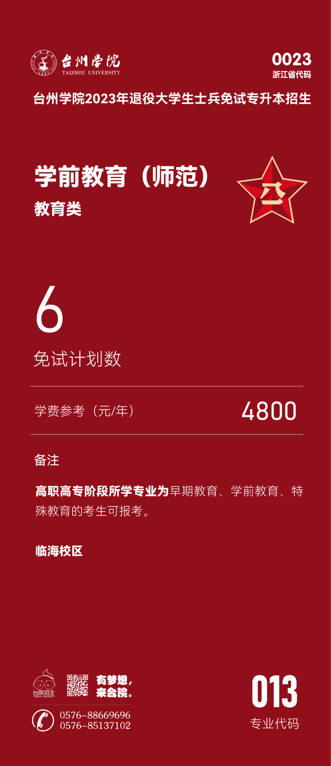 臺州學院退役大學生士兵免試專升本招生專業